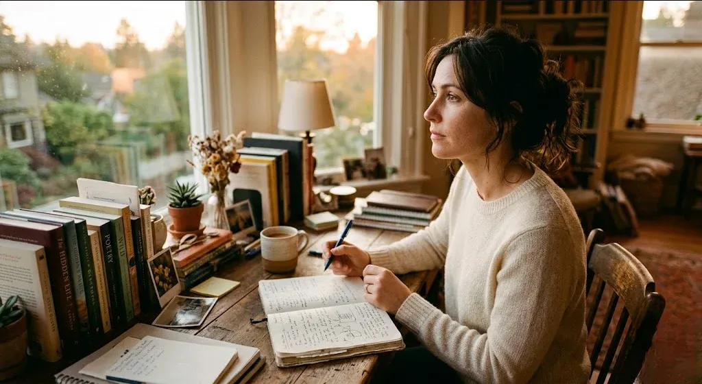 A woman at a cluttered-but-cozy desk, pausing mid-task with pen in hand, looking toward a window in thought, representing the themes of "Executive Function, the Mental Load, and Motherhood".