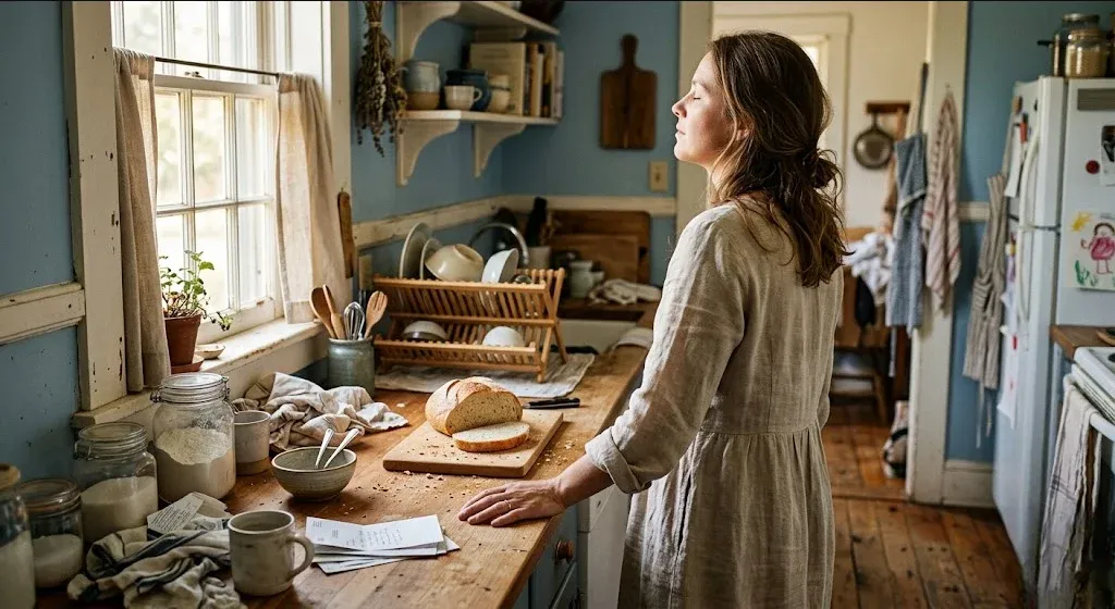 A parent standing in a kitchen surrounded by small unfinished tasks, one hand on the counter, taking a breath, representing the themes of "Finding a Therapist Who Understands Both ADHD and Perinatal Mental Health".