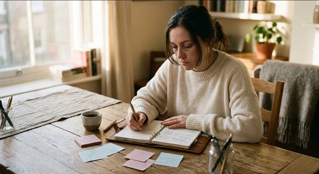 A person with a planner open and sticky notes nearby, seated at a table in warm afternoon light, expression focused but tired, representing the themes of "ADHD and Postpartum Anxiety: When They Overlap".