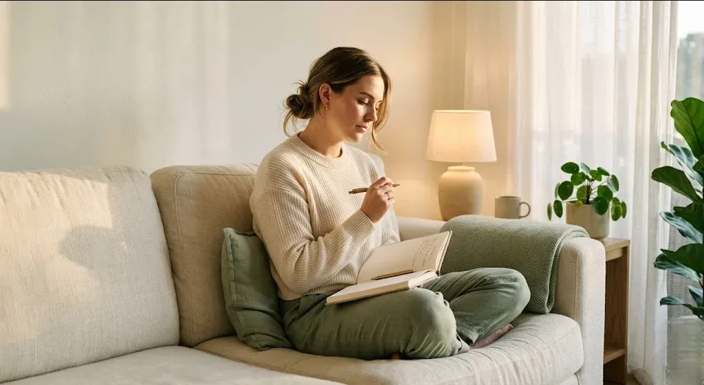 A figure on a couch with a notebook in their lap, legs tucked under them, soft lamp light, a moment of recollection, representing the themes of "ADHD and Postpartum: Why Symptoms Intensify After Baby".