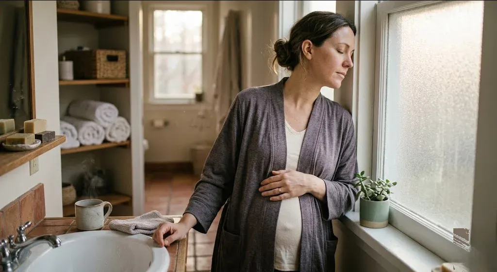 A woman standing near a window, one hand on her belly, soft backlight, representing the themes of "Pregnancy and Parenthood at Advanced Maternal Age: A Mental Health Guide".