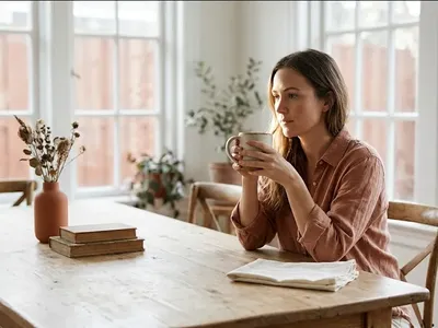 An open journal on a wooden table with a small vase of dried flowers and a warm cup of tea, representing the themes of "30 Affirmations for Breastfeeding Struggles (Whatever Way You Feed Your Baby)".