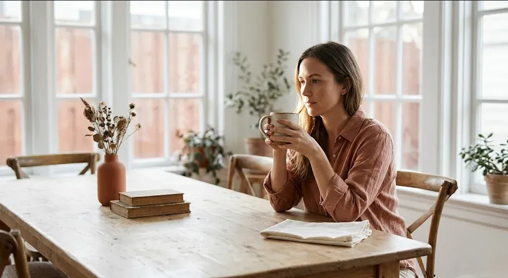 An open journal on a wooden table with a small vase of dried flowers and a warm cup of tea, representing the themes of "30 Affirmations for Breastfeeding Struggles (Whatever Way You Feed Your Baby)".