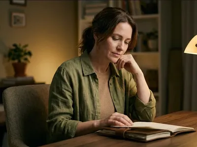 A woman sitting in a quiet room with soft window light, holding a small plant, expression hopeful, representing the themes of "30 Affirmations for the Infertility Journey (When Hope Is Hard to Hold)".