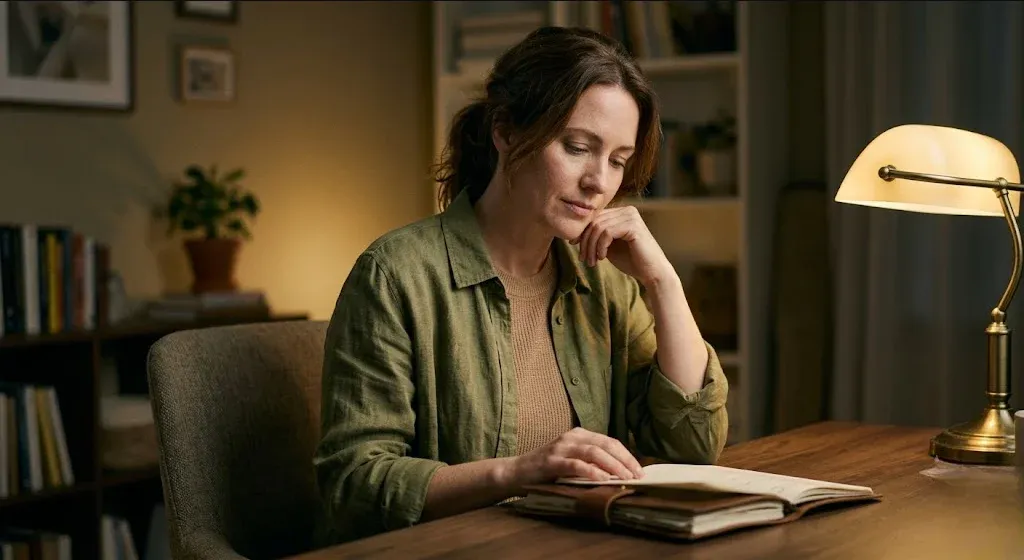 A woman sitting in a quiet room with soft window light, holding a small plant, expression hopeful, representing the themes of "30 Affirmations for the Infertility Journey (When Hope Is Hard to Hold)".