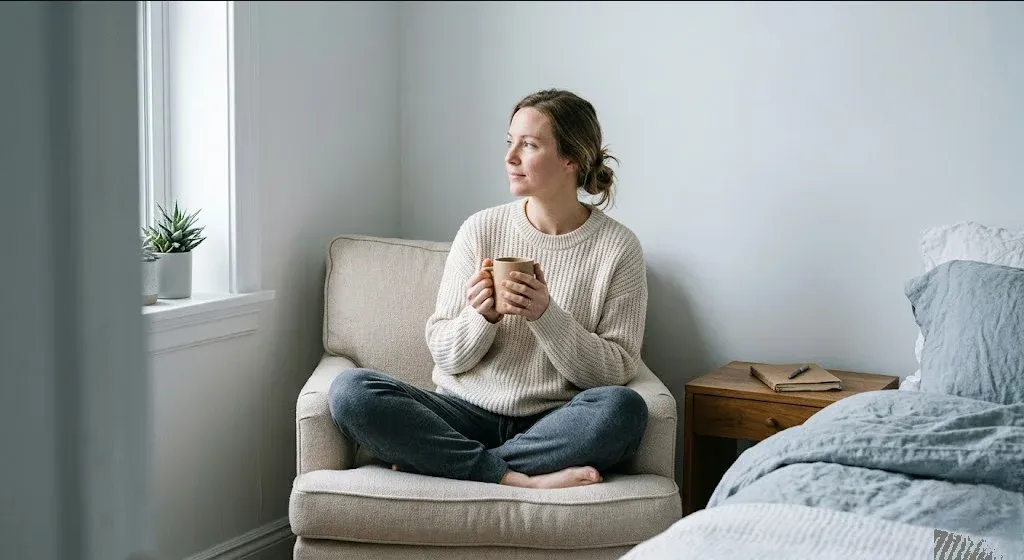 A couple at a kitchen table, hands intertwined, quiet and contemplative, representing the themes of "30 IVF Affirmations for the Two-Week Wait (And Every Hard Part of the Journey)".