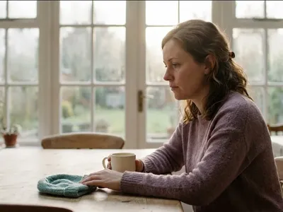A woman resting in a bed with white linens, soft morning light through a window, expression peaceful, representing the themes of "30 Affirmations for NICU Parents (You Are Doing Enough)".