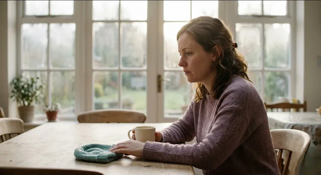 A woman resting in a bed with white linens, soft morning light through a window, expression peaceful, representing the themes of "30 Affirmations for NICU Parents (You Are Doing Enough)".