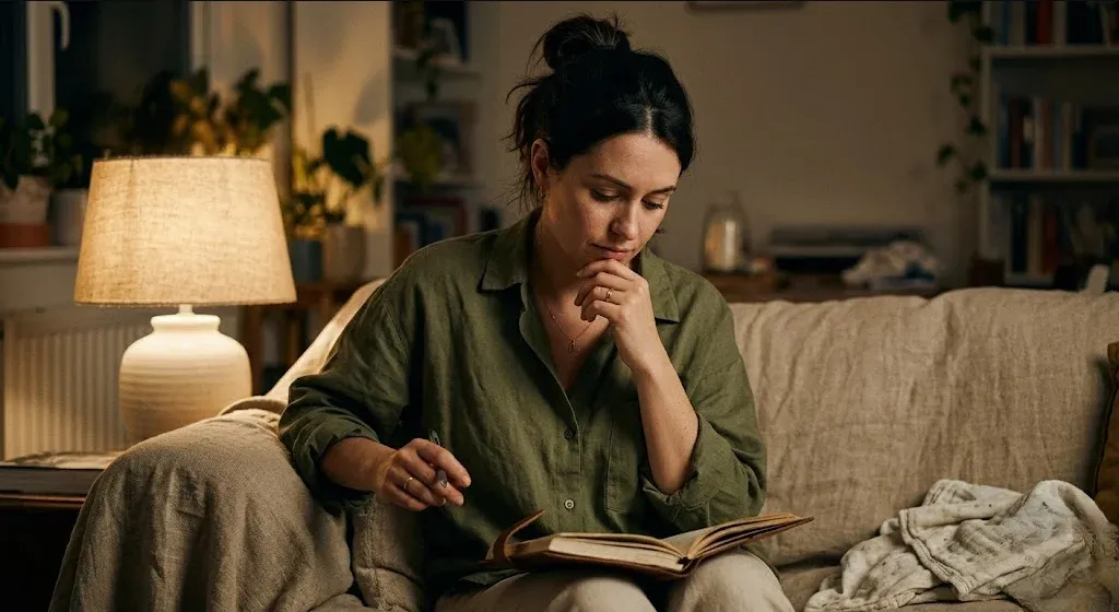 A new mother in a rocking chair in a softly lit nursery, cradling her infant, representing the themes of "35 Affirmations for Postpartum Depression (When You Don't Feel Like Yourself)".