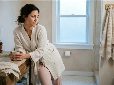 A parent on a couch, infant nestled on their chest, both still and quiet, representing the themes of "30 Affirmations for Postpartum Rage (You're Not a Bad Mom)".