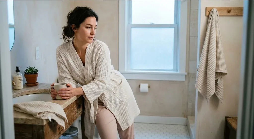 A parent on a couch, infant nestled on their chest, both still and quiet, representing the themes of "30 Affirmations for Postpartum Rage (You're Not a Bad Mom)".
