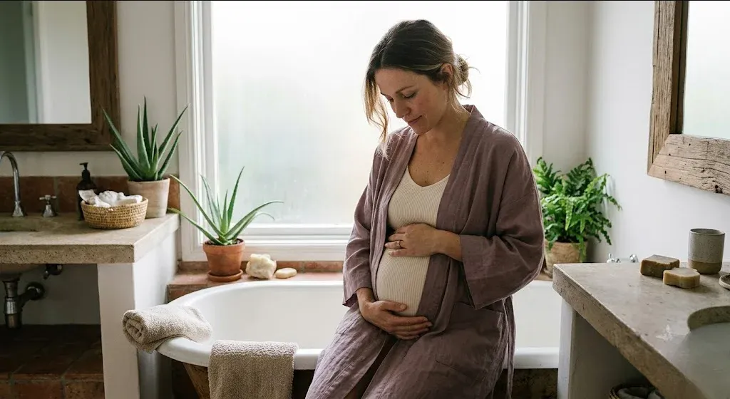 A woman standing near a window, one hand on her belly, soft backlight, representing the themes of "30 Affirmations for Pregnancy After Loss (When Grief and Hope Exist Together)".