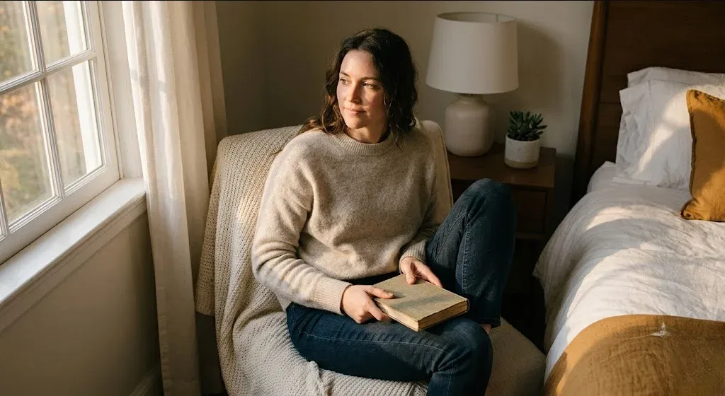 A woman at a table with a single flower in a small vase, quiet and still, representing the themes of "35 Affirmations for Pregnancy Loss (For Grief That Has No Words)".