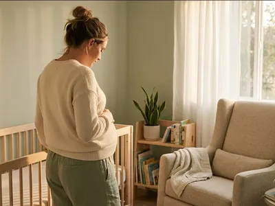A pregnant woman lying on her side on a bed, light from a window, expression peaceful, representing the themes of "30 Affirmations for Prenatal Anxiety (For Anxious Expecting Moms)".