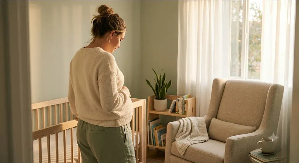 A pregnant woman lying on her side on a bed, light from a window, expression peaceful, representing the themes of "30 Affirmations for Prenatal Anxiety (For Anxious Expecting Moms)".