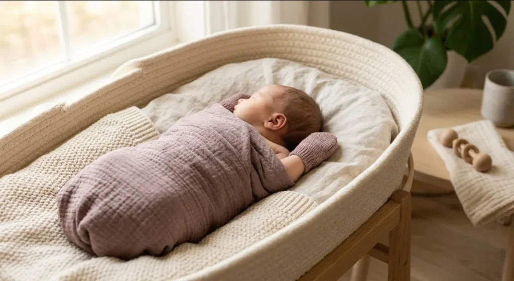 A sleeping newborn in a bassinet, soft morning light, peaceful, representing the themes of "Baby Blues With Your Second Baby: Does It Get Better or Worse?".