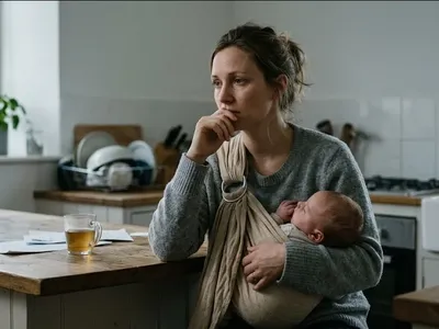 A mother sitting on the edge of a bed in morning light, infant asleep nearby in a bassinet, representing the themes of "Why It's Hard to Get Help for Postpartum Anxiety (And How to Get Past It)".