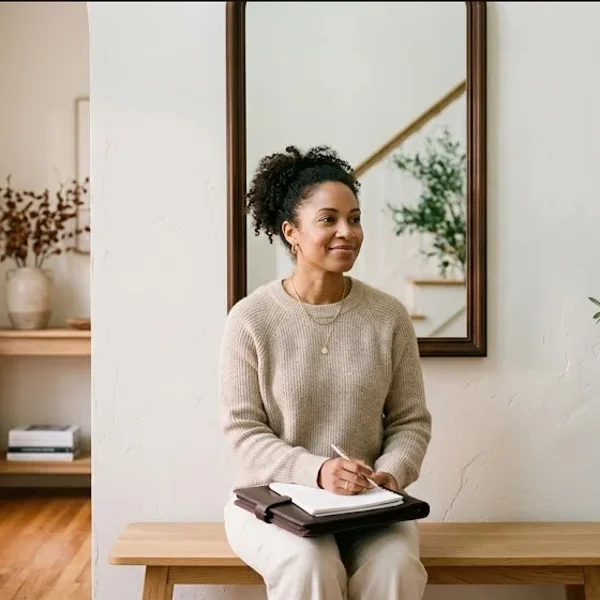 A person at a table with a warm drink, looking forward with a calm, open expression, representing the themes of "Benefit Broker Guide: How to Add Perinatal Mental Health to Your Portfolio".