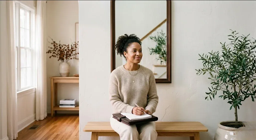 A person at a table with a warm drink, looking forward with a calm, open expression, representing the themes of "Benefit Broker Guide: How to Add Perinatal Mental Health to Your Portfolio".
