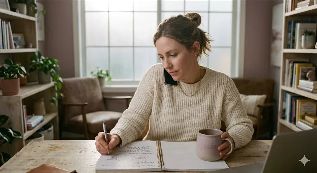 A person at a table with a warm drink, looking forward with a calm, open expression, representing the themes of "How Benefit Brokers Champion Perinatal Mental Health Coverage With Employer Clients".