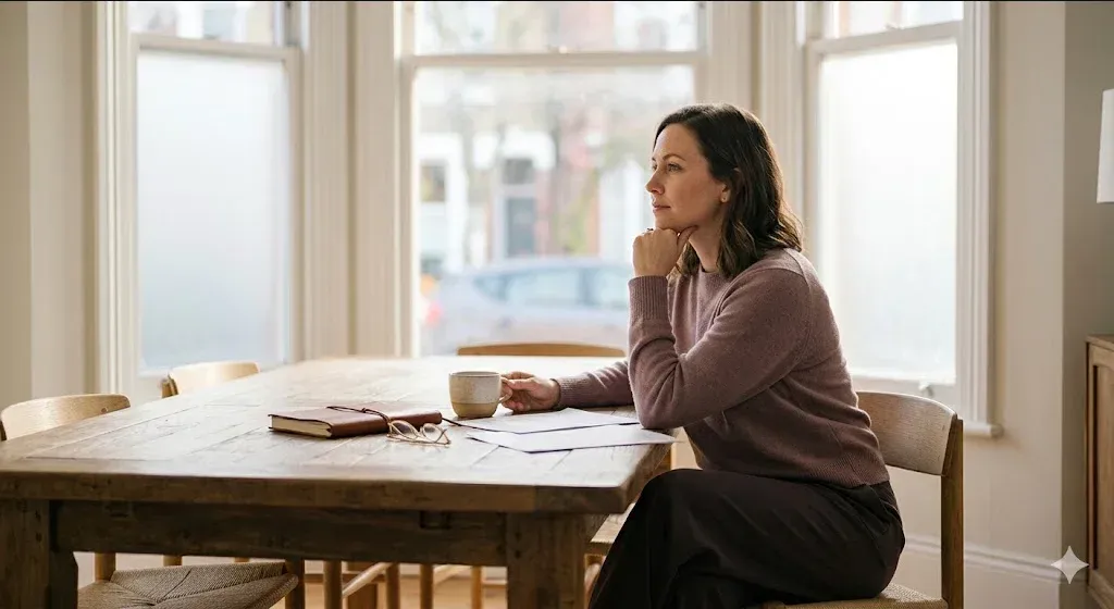 A person at a table with a warm drink, looking forward with a calm, open expression, representing the themes of "Positioning Yourself as a Perinatal Mental Health Benefits Expert: A Guide for Brokers".