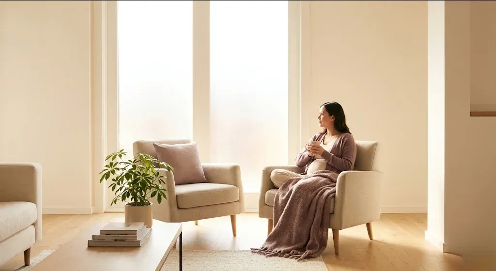 A person at a table with a warm drink, looking forward with a calm, open expression, representing the themes of "Perinatal Mental Health Benefits: A Broker's Business Case".