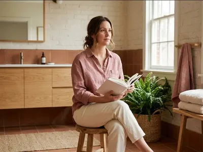A person at a table with a warm drink, looking forward with a calm, open expression, representing the themes of "The Best Books About Birth Trauma and Traumatic Birth Recovery".