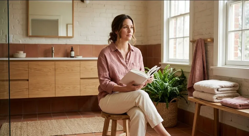 A person at a table with a warm drink, looking forward with a calm, open expression, representing the themes of "The Best Books About Birth Trauma and Traumatic Birth Recovery".