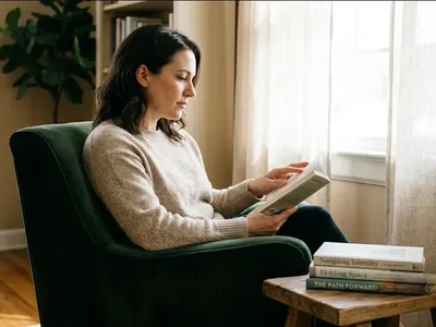 A person looking out a window with one hand on the glass, expression hopeful, representing the themes of "The Best Books for the IVF and Infertility Journey".