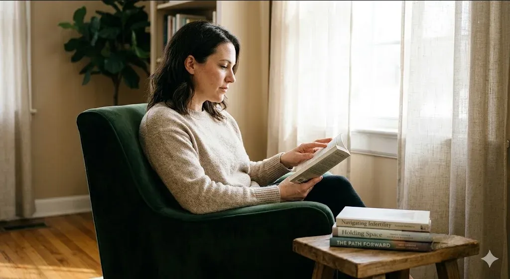A person looking out a window with one hand on the glass, expression hopeful, representing the themes of "The Best Books for the IVF and Infertility Journey".