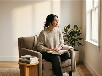 A woman at a kitchen table, baby carrier on the chair beside her, warm cup in hand, representing the themes of "The Best Books on Postpartum Mental Health (For Every Stage of New Parenthood)".
