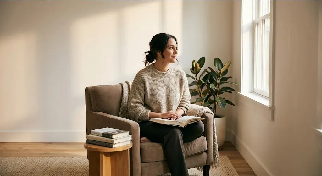 A woman at a kitchen table, baby carrier on the chair beside her, warm cup in hand, representing the themes of "The Best Books on Postpartum Mental Health (For Every Stage of New Parenthood)".