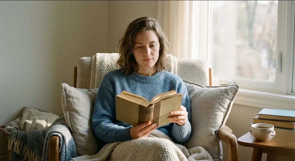 A mother sitting on the edge of a bed in morning light, infant asleep nearby in a bassinet, representing the themes of "The Best Books for Postpartum Depression, According to Moms Who've Been There".
