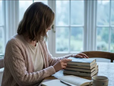A figure seated on a window seat, looking out at a grey sky, a soft blanket nearby, representing the themes of "The Best Books for Pregnancy Loss and Miscarriage Grief".