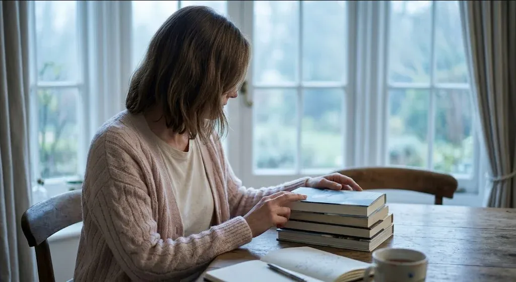 A figure seated on a window seat, looking out at a grey sky, a soft blanket nearby, representing the themes of "The Best Books for Pregnancy Loss and Miscarriage Grief".
