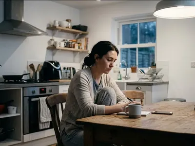 A mother sitting on the edge of a bed in morning light, infant asleep nearby in a bassinet, representing the themes of "Best Resources for Postpartum OCD: Books, Hotlines, and Where to Get Help".