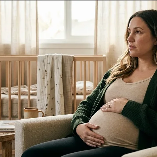 A pregnant woman lying on her side on a bed, light from a window, expression peaceful, representing the themes of "Managing Bipolar Disorder While Pregnant: The Truth About Perinatal Mood Episodes".