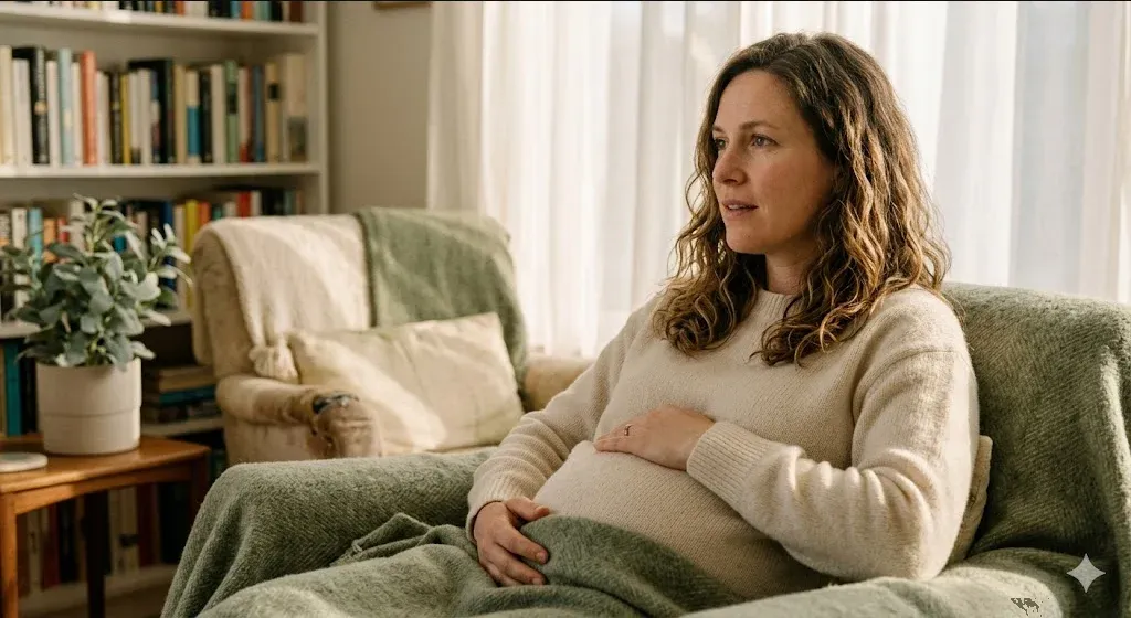 A woman at a kitchen table, baby carrier on the chair beside her, warm cup in hand, representing the themes of "Bipolar Disorder During Pregnancy and Postpartum: A Practical Guide".