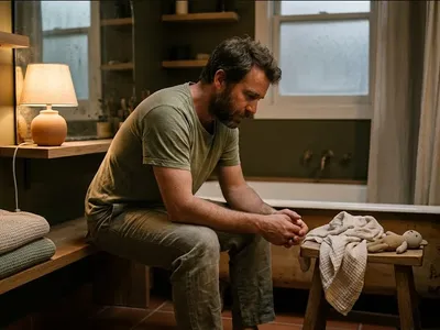 A partner sitting beside a person on a couch, hand on their knee, attentive and present, representing the themes of "When You Almost Lost Her: PTSD in Partners After a Maternal Near-Miss".