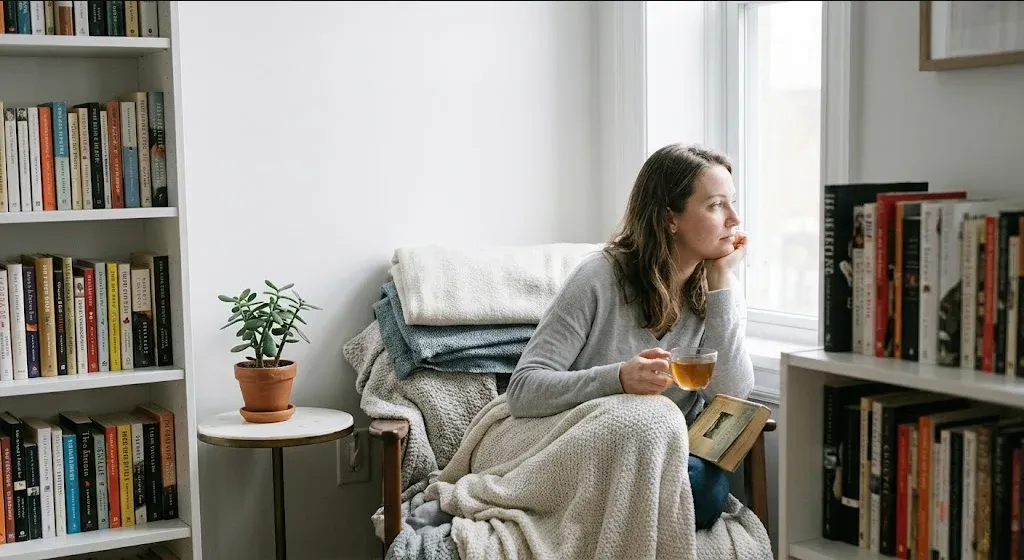 A figure near a window in a quiet domestic interior, unhurried and still, representing the themes of "Why It's Hard to Get Help for Birth Trauma (And How to Move Past It)".
