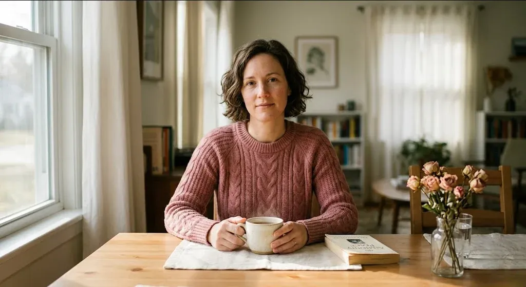 A person sitting quietly at a dining table bathed in soft natural light, holding a cup of tea.