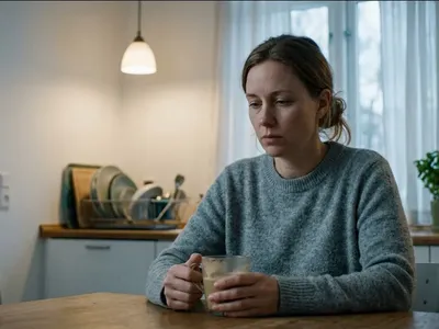 A figure near a window in a quiet domestic interior, unhurried and still, representing the themes of "When Birth Trauma Doesn't Feel Like Fear β It Feels Like Nothing".