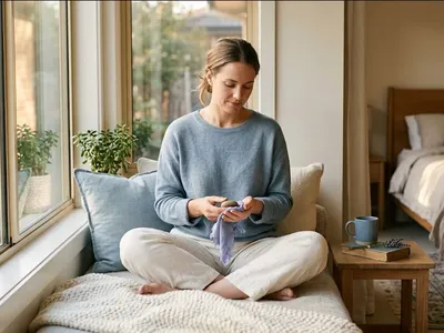 A figure near a window in a quiet domestic interior, unhurried and still, representing the themes of "Birth Trauma Grounding Toolkit: Coping With Flashbacks and Triggers".