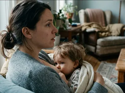 A mother nursing a toddler with an expression of sensory overwhelm and tension, illustrating breastfeeding aversion and agitation