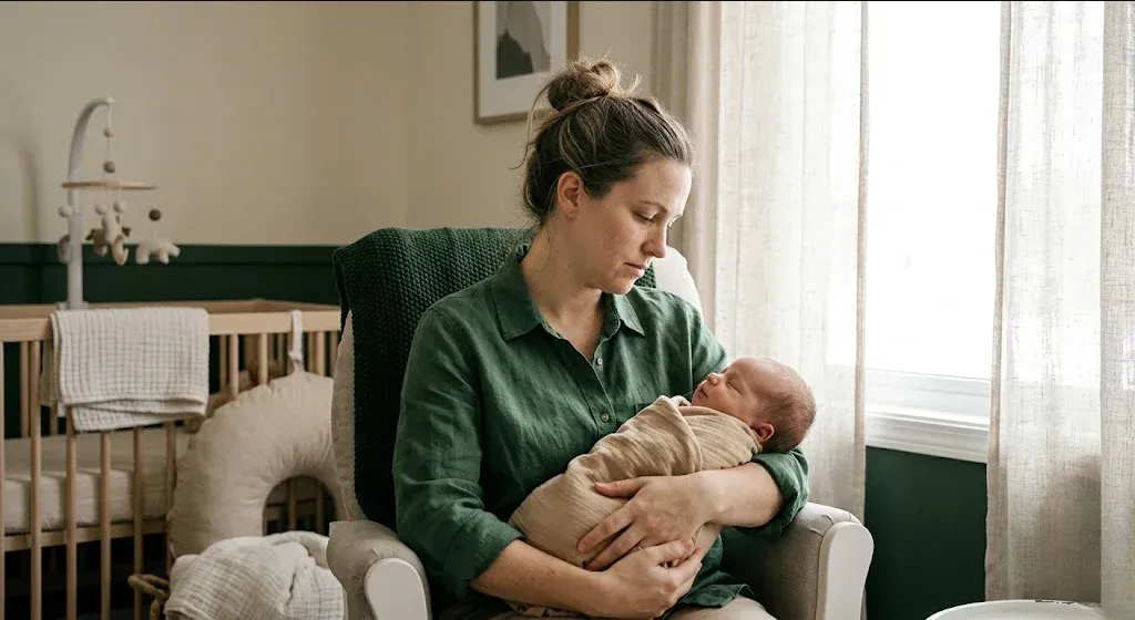 A quiet interior scene — soft light, a plant, a chair, a sense of calm presence, representing the themes of "Early Breastfeeding Failure and Maternal Guilt: A Guide".