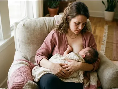 A mother nursing her baby in a comfortable chair, looking focused and slightly tired in natural window light.