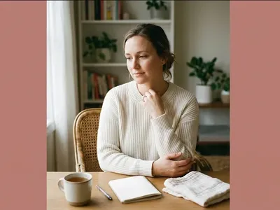 A person at a table with a warm drink, looking forward with a calm, open expression, representing the themes of "Breastfeeding Challenges: A Physical Guide to Milk Supply, D-MER, Engorgement, and More".