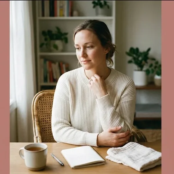 A person at a table with a warm drink, looking forward with a calm, open expression, representing the themes of "Breastfeeding Challenges: A Physical Guide to Milk Supply, D-MER, Engorgement, and More".
