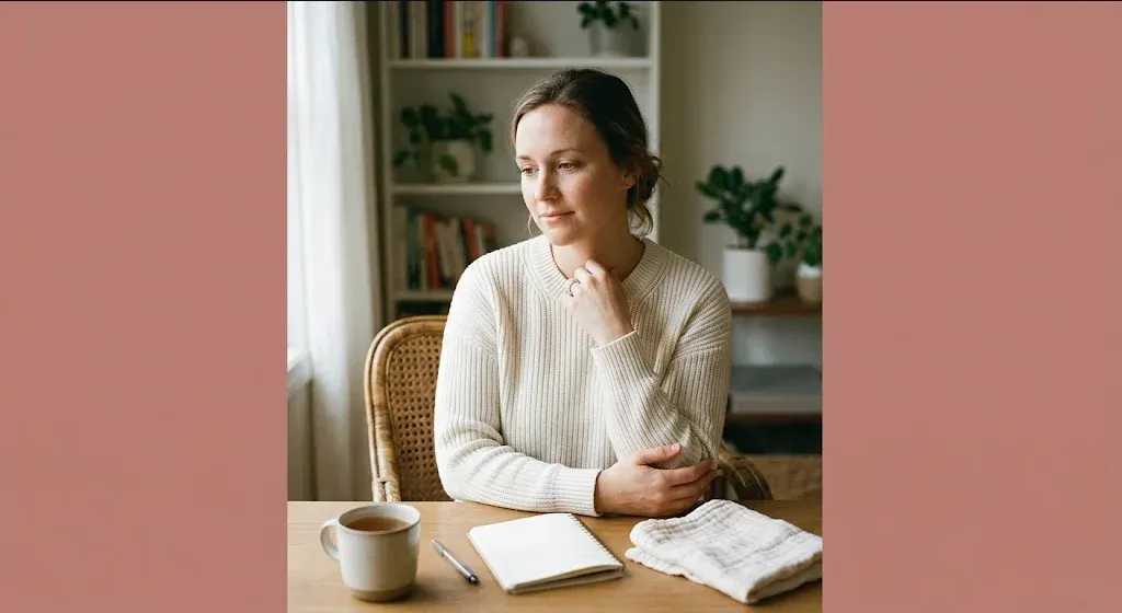 A person at a table with a warm drink, looking forward with a calm, open expression, representing the themes of "Breastfeeding Challenges: A Physical Guide to Milk Supply, D-MER, Engorgement, and More".