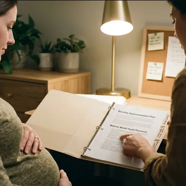 A person sitting in a warm, peaceful room with soft natural light, a sense of calm reflection, representing the themes of "Building a Perinatal Mental Health Benefit: A Step-by-Step Guide for HR".